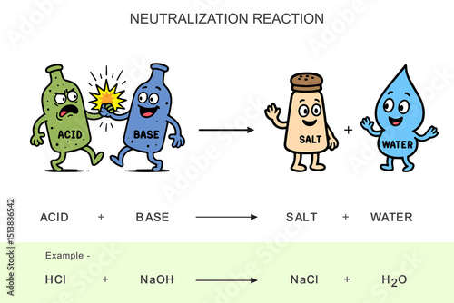Humorous Cartoon Showing Acid Base Neutralization for Chemistry Learning and Kids Science Content