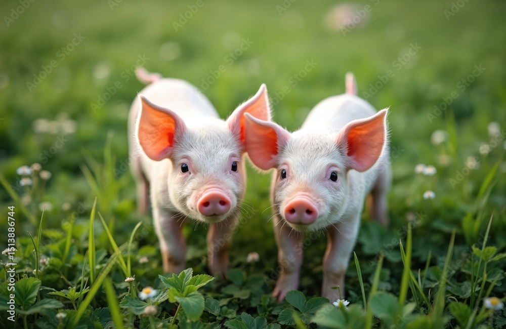 Two cute young piglets stand green grass. Happy baby pigs on meadow, small piglet posing on camera, sunny day on family farm. Domestic animals concept. Two cute young piglets stand green grass. Happy baby pigs on meadow, small piglet posing on camera, sunny day on family farm. Domestic animals concept.