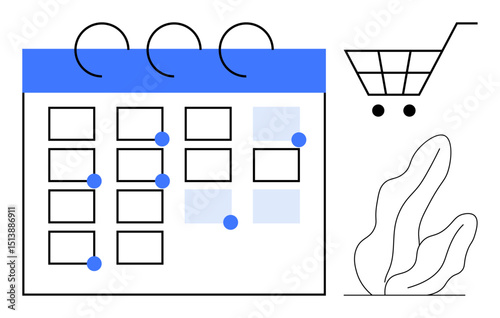 Calendar with marked dates, shopping cart, and decorative plant. Ideal for scheduling, e-commerce, planning, productivity, time management, online shopping and a simple landing page