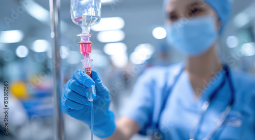 Healthcare professional in blue scrubs and mask adjusts IV drip in hospital setting, focusing on patient care. scene conveys sense of precision and dedication