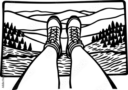 Hiking boots resting, overlooking mountain landscape adventure travel, outdoor nature, scenic wilderness journey, exploration