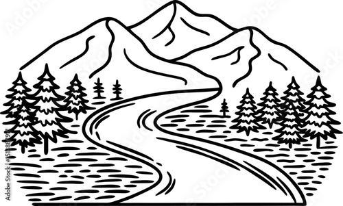 scenic mountain landscape with winding river and evergreen pine trees, hand drawn nature illustration, outdoor wilderness