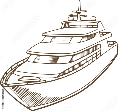 Luxury yacht illustration modern boat sketch in line art style, maritime transport, ocean travel concept