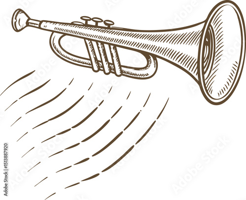 trumpet illustration blowing musical notes brass instrument sketch, melody sound, hand drawn artwork