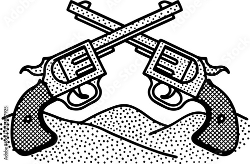 Crossed vintage revolvers above desert sand western style, black and white engraving illustration, cowboy symbol
