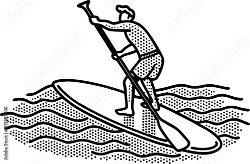 man stand up paddle boarding on wavy water adventure water sport, active lifestyle, summer recreation concept