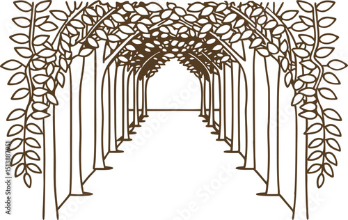 Tree archway tunnel, leafy canopy forming a natural corridor botanical garden entrance, symmetrical plant pathway