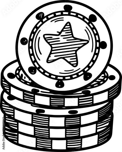 Stack of casino chips with star emblem gambling tokens, betting, poker, black and white illustration