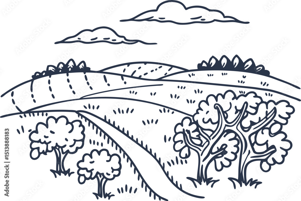 Fototapeta premium Scenic rural landscape with fields, rolling hills, trees and clouds countryside agriculture, nature view line art