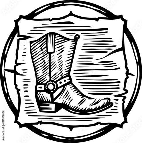 Hand drawn western cowboy boot illustration on vintage parchment background in rustic retro