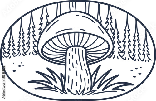 Mushroom illustration in forest glade botanical drawing with tree background and detailed fungi in grass