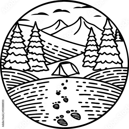 Mountain camping adventure illustration pine forest, tent, scenic landscape, hiking trail, outdoor exploration