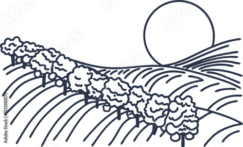 Rolling countryside hills with sunrise and tree line, simple linear landscape illustration, nature, scenic horizon