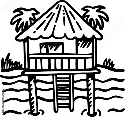tropical beach hut on stilts with palm trees hand drawn island bungalow, water bungalow resort vacation