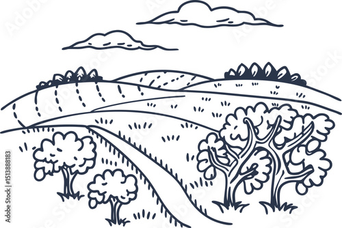 Scenic rural landscape with fields, rolling hills, trees and clouds countryside agriculture, nature view line art
