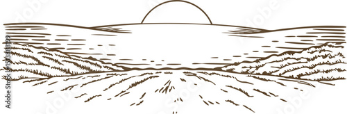 Sunrise over rural landscape, hand drawn field illustration countryside horizon, agricultural nature scene