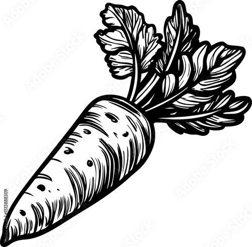 Fresh carrot with leafy greens, hand drawn illustration healthy root vegetable, organic agriculture food concept