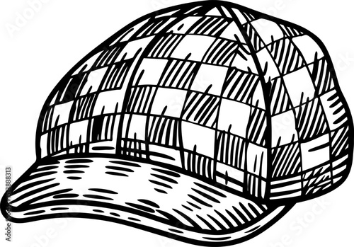 Checkered baseball cap, classic curved visor vintage patterned hat, hand drawn accessory for casual