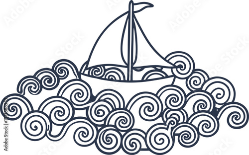 Sailboat navigating swirling waves nautical adventure, sea travel concept, hand drawn simple line art