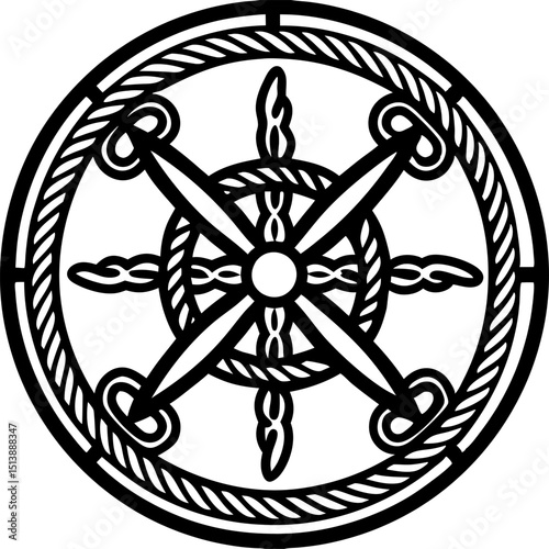 Maritime steering wheel with nautical rope, intricate circular knot pattern, marine navigation symbol