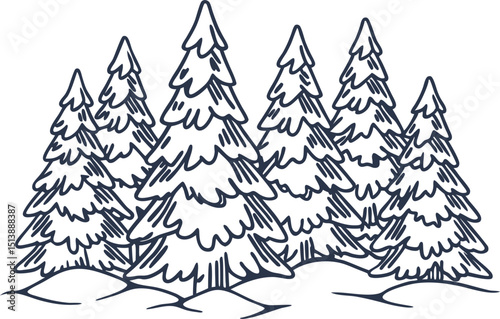 Snow covered pine trees in winter forest evergreen landscape, seasonal cold weather, nature illustration
