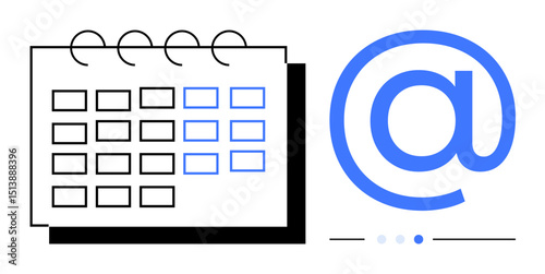 Spiral-bound calendar grid next to blue-forwarding symbol. Ideal for scheduling, time management, productivity, email communication, collaboration, planning, team coordination, simple landing page