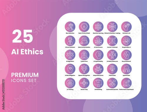 AI Ethics Vector Icon Set for Responsible Artificial Intelligence, Privacy, Governance, and Safety