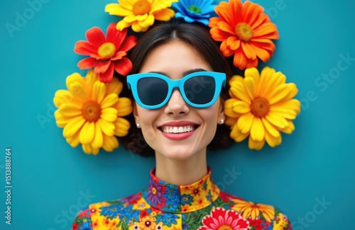 Wallpaper Mural Young woman in blue sunglasses smiling on blue background. Decorative flowers adorn head. Fashion portrait highlights beauty, style, summer vibes. Joyful expression. Ideal for fashion, beauty, Torontodigital.ca