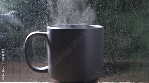 Steaming mug of Americano coffee with raindrops on window glass background, cozy beverage concept, close-up view.