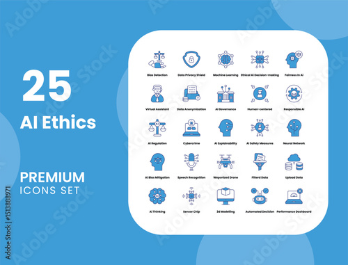 AI Ethics Vector Icon Set for Responsible Artificial Intelligence, Privacy, Governance, and Safety