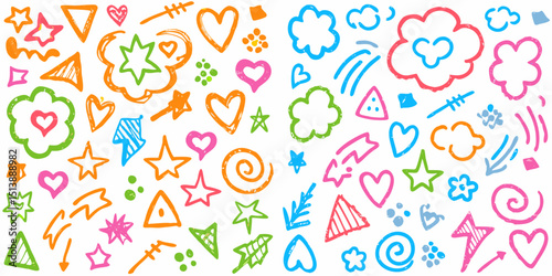 Hand-drawn doodles in colourful ink on a white background. 