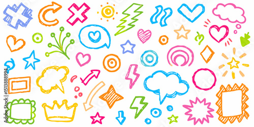 Hand-drawn doodles in colourful ink on a white background.