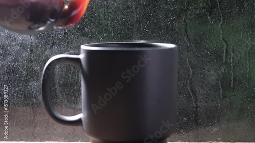 A steaming mug of Americano coffee poured from a pot, with raindrops on the window glass background, creating a cozy beverage concept in close-up view.