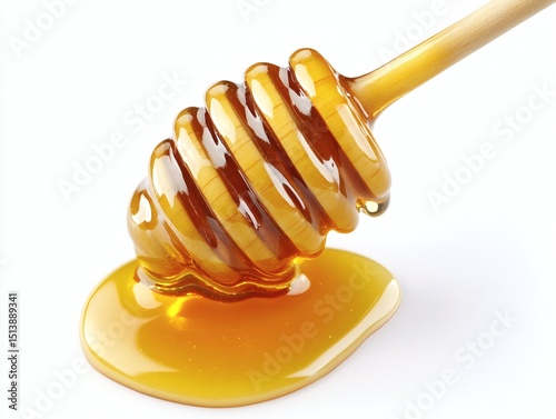 Pouring Honey with a wooden dipper mead covered with thick, golden amber honey. Honey flows down from the mead, forming a puddle on a transparent or white background.