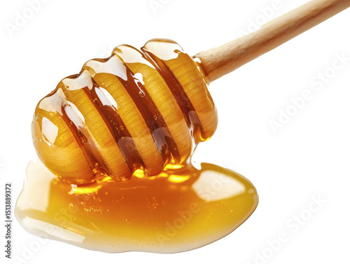 Pouring Honey with a wooden dipper mead covered with thick, golden amber honey. Honey flows down from the mead, forming a puddle on a transparent or white background.