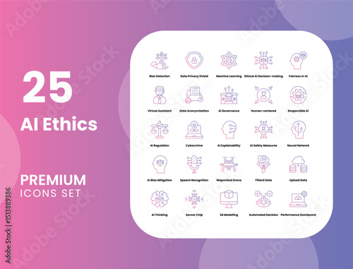 AI Ethics Vector Icon Set for Responsible Artificial Intelligence, Privacy, Governance, and Safety