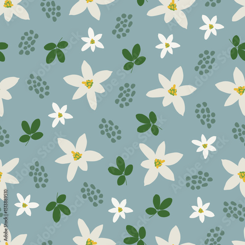Grass lily flowers seamless pattern. Floral vector surface design of garden star of Bethlehem flowers and leaves