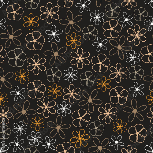 Linocut flowers seamless pattern. Dark floral vector surface design of line art flowers