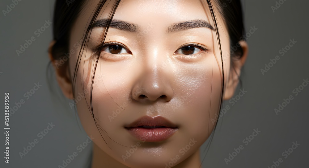 Fototapeta premium A woman stands in a calm indoor space, showcasing her beautiful, radiant skin. Natural light gently highlights her features, creating a soft glow that emphasizes her unique beauty