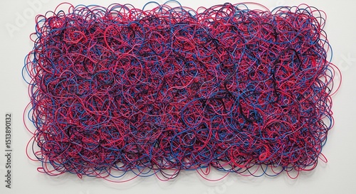 Abstract, colorful, tangled threads on white
