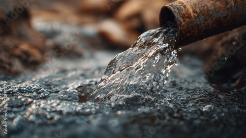 Wallpaper Mural Water flowing from a rusty pipe onto gray rocky ground in an outdoor setting. Torontodigital.ca