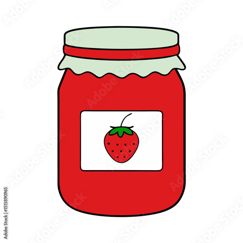 Red Jam Jar with a Gingham Lid and a Cute Strawberry Label Flat vector illustration