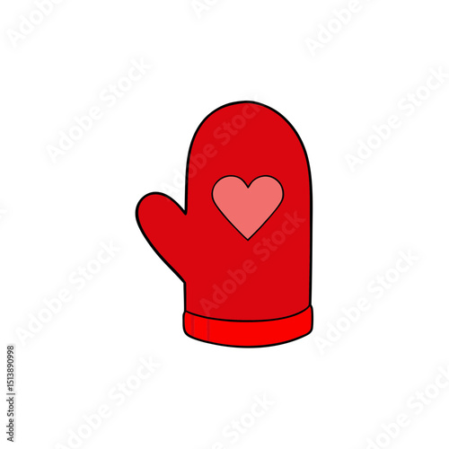 Red Mitten with Heart Patch and Knit Texture Flat vector illustration