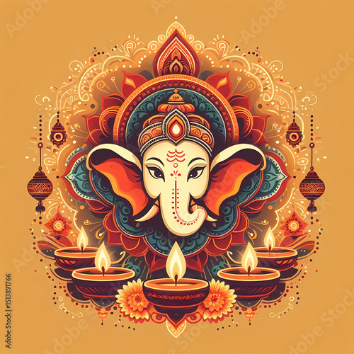 Flat Vector Poster for Ganesha Chaturthi Invitation. Generative AI