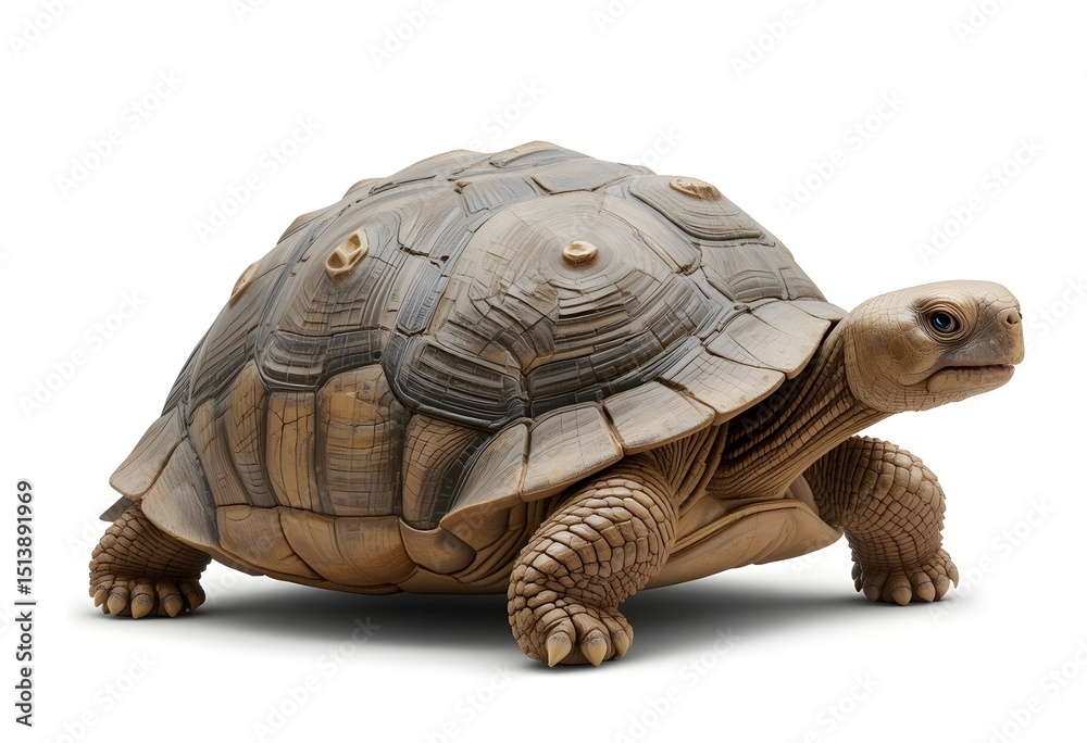 Obraz premium Large African Spurred Tortoise with Textured Shell, Captured in Full Profile and Isolated on a Clean White Background