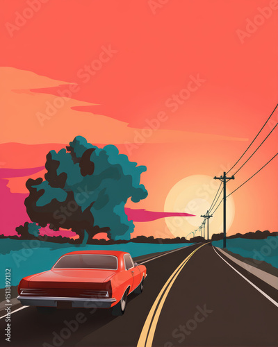 Retro car cruising along road at sunset