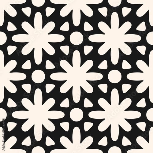 Vector geometric floral ornament. Abstract seamless pattern with bold flower silhouettes, rounded shapes, grid, lattice. Black and white background. Simple monochrome texture. Repeated stylish design