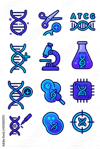 Futuristic DNA Editing Icon Set – Sci-Fi Biotech Vectors with Transparent Background