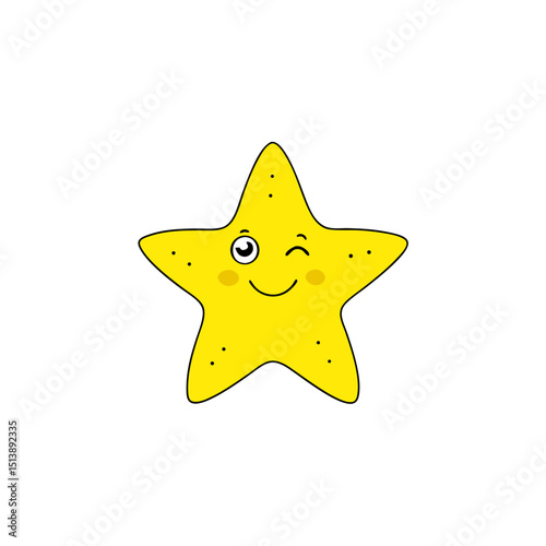 yellow starfish with winking face and sparkles flat vector illustration