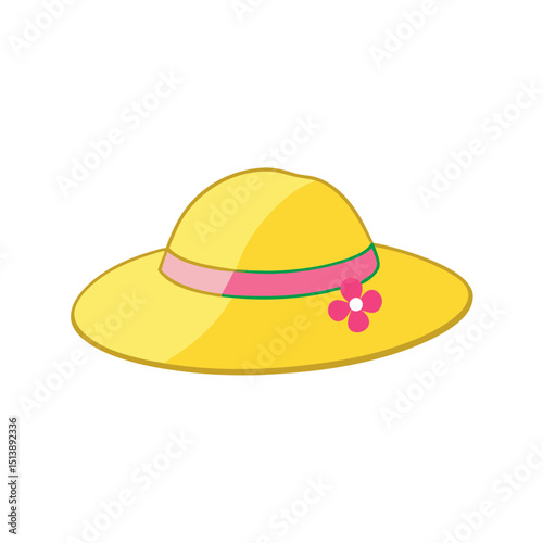 yellow sun hat with pink ribbon and floral pattern flat vector illustration